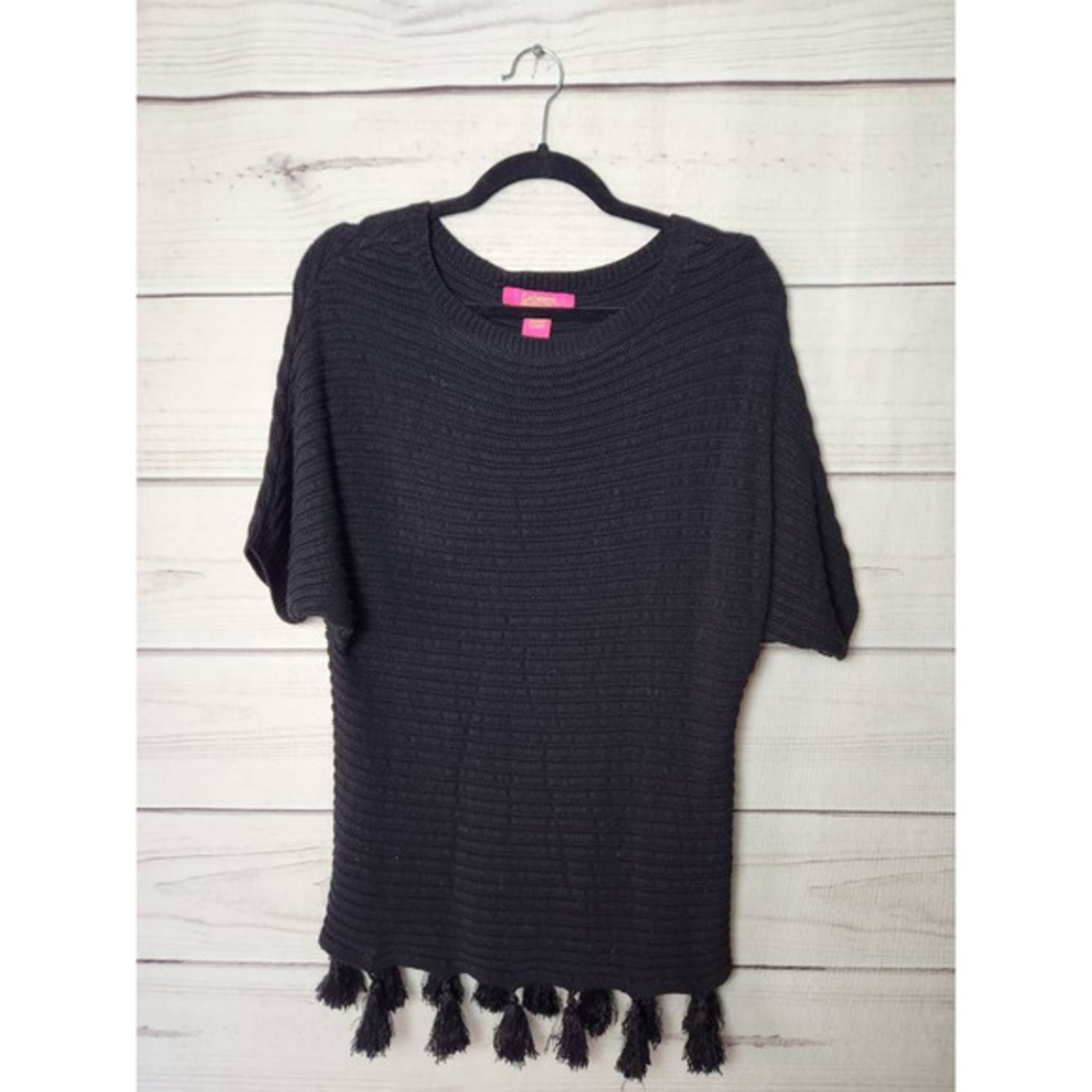 Catherine Womens‎ Pullover Sweater Black Short Sleeve Jewel Neck Tassel Hem M